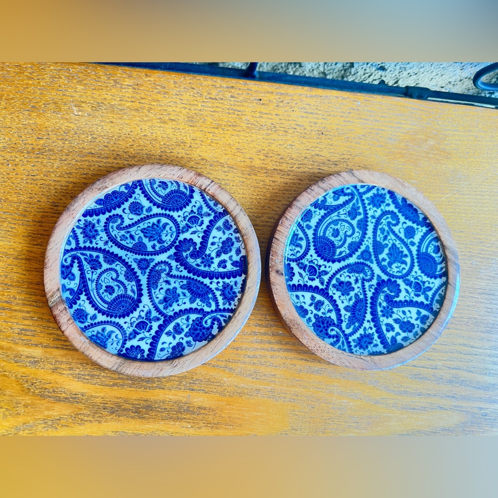 Wood Coasters With blue paisley Vinyl - 2pc